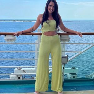 NWT Timely Trends Lime Green Asymmetrical Cutout Wide-Leg Jumpsuit